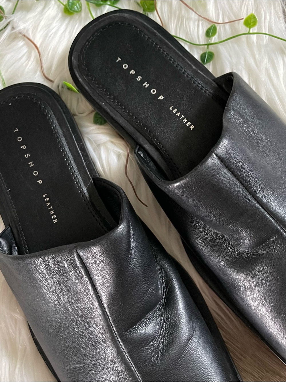 Topshop Cici Black Leather Square Toe Flat Mules Women Size 8 - Picture 7 of 13